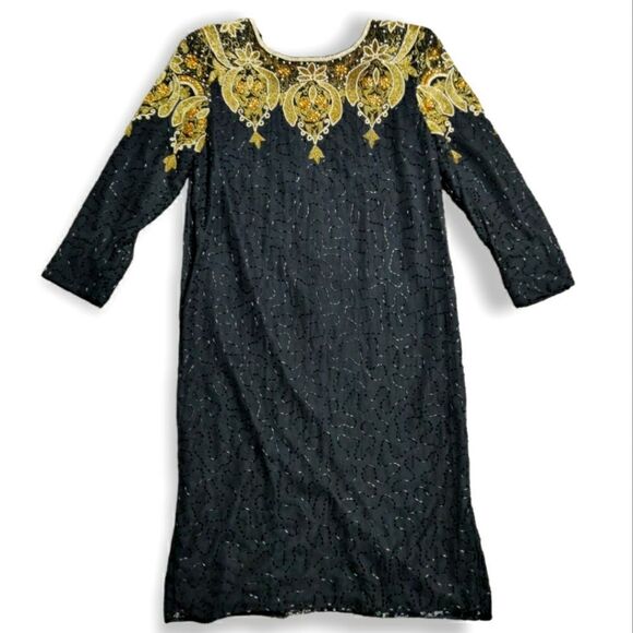 VTG Carolyne Barton Night pure silk Black Gold beaded 3/4 sleeve dress size M - Picture 2 of 10